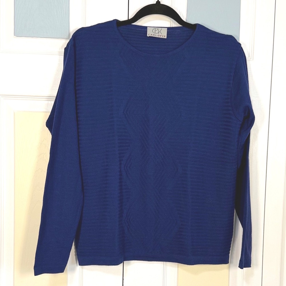 Carlo Pik Royal Blue Merino Wool Blend Textured Diamond Knit Crew Neck Sweater